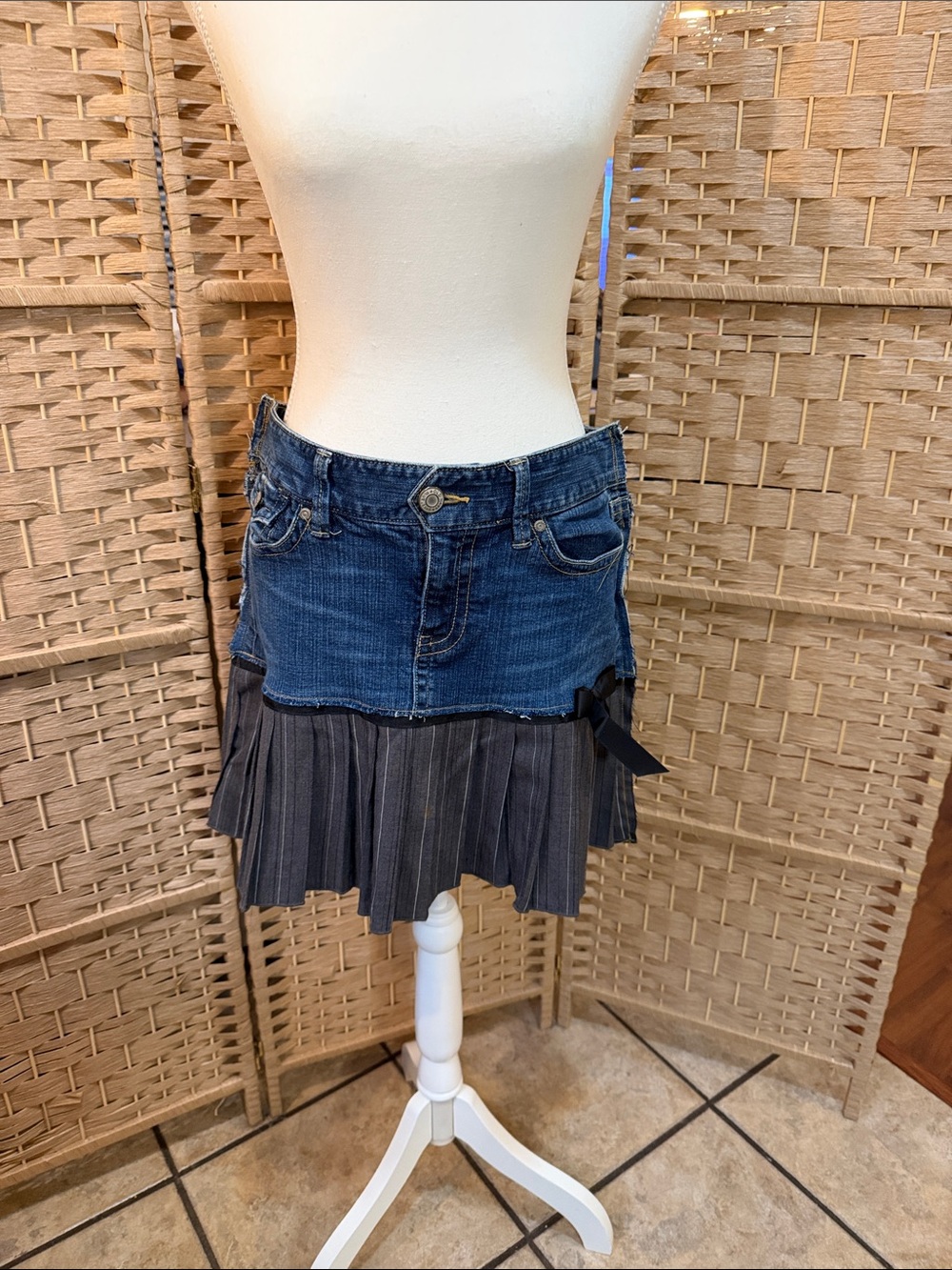 Hand Crafted Blue Denim Top with Gray Pleated Mini Skirt